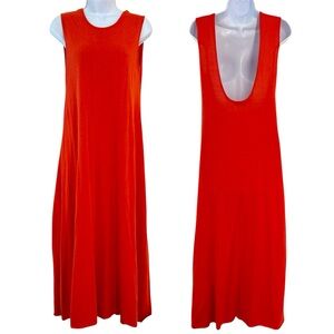 Zara Cotton Knit Sleeveless Midi Dress Size M Plunge Back Coral Orange